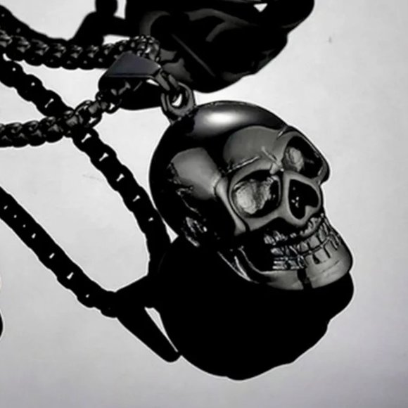 Black Skull Pendant Necklace -  Steampunk, Goth, Biker‎ , Punk Jewelry - Picture 1 of 4